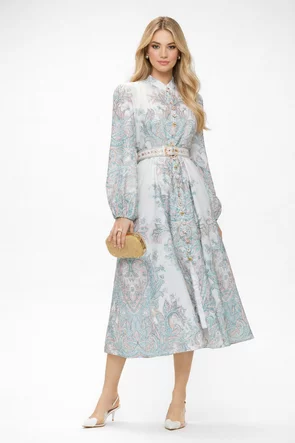 Rochie eleganta midi imprimeu floral bohemian crem cu nasturi bijuterie diferiti si curea