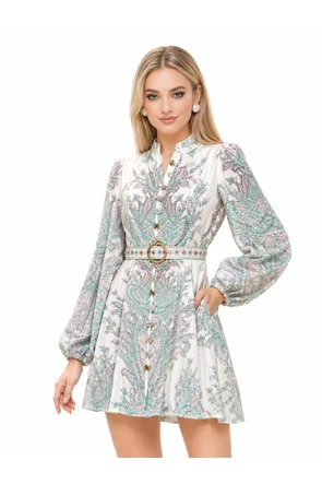 Rochie eleganta scurta imprimeu floral bohemian crem cu nasturi bijuterie diferiti si curea