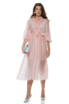 Rochie eleganta midi roz din matase de tencel cu jabou elaborat