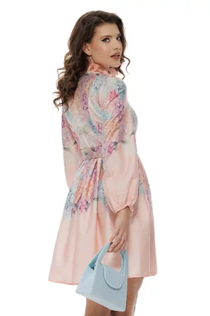 Rochie eleganta mini din bumbac roz imprimeu floral cu buzunare  si curea