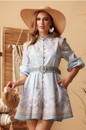 Rochie eleganta mini imprimeu floral bohemian  cu nasturi bijuterie diferiti si curea