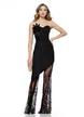 Rochie eleganta neagra asimetrica cu  fronseuri floare decorativa si pantaloni din dantela