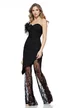 Rochie eleganta neagra asimetrica cu  fronseuri floare decorativa si pantaloni din dantela