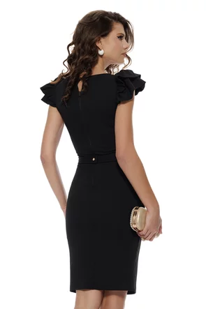 Rochie elegantă neagra cu decolteu adânc elastica cu accesori metalic auriu cu pietre in talie