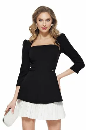 Rochie eleganta neagra cu decolteu patrat si volan alb plisat