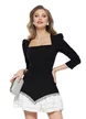 Rochie eleganta  neagra cu decolteu patrat volane albe si strassuri argintii