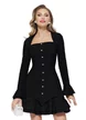 Rochie eleganta neagra cu decolteu patrat volane si detalii grafice