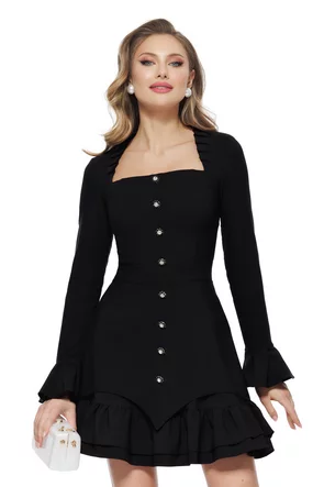 Rochie eleganta neagra cu decolteu patrat volane si detalii grafice