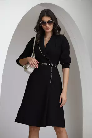 Rochie eleganta neagra cu insertii animal print si curea inclusa