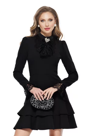 Rochie eleganta neagra cu volane si  jabou de dantela 