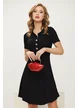 Rochie eleganta neagra din tricot premium cu guler si nasturi cu perle si strasuri 