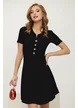 Rochie eleganta neagra din tricot premium cu guler si nasturi cu perle si strasuri 