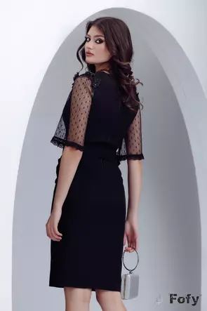 Rochie eleganta neagra Fofy cu maneci de tul si aplicatii de broderie 3D centura inclusa