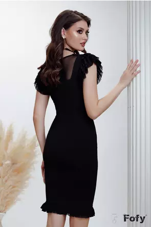Rochie elegantă neagră Fofy cu volanase de tul si colier inclus