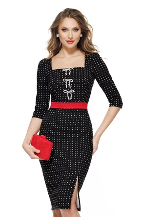 Rochie eleganta office Fofy cu buline decolteu patrat fundite de perle si cordon rosu