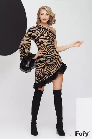 Rochie eleganta pe un umar din crep elastic zebra cu volane plisate negre