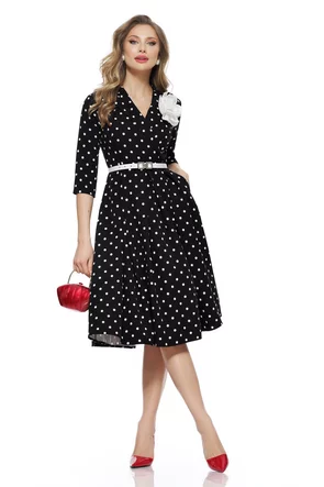 Rochie eleganta premium neagra cu buline curea si floare decorativa