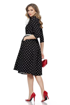 Rochie eleganta premium neagra cu buline curea si floare decorativa