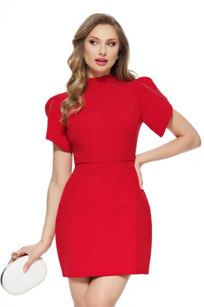 Rochie eleganta premium rosie mini cu decupaj spectaculos la spate si funda in contrast