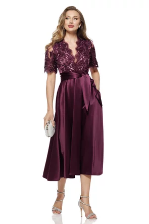 Rochie elegantă pruna din tafta usor elastica cu bust din dantela premium cu cu perle