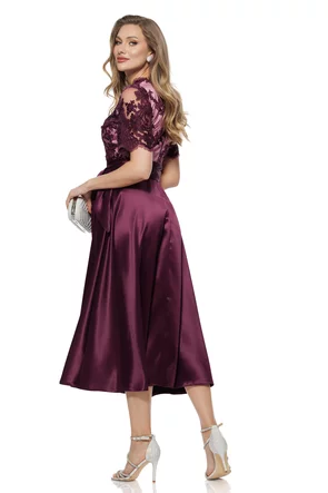 Rochie elegantă pruna din tafta usor elastica cu bust din dantela premium cu cu perle