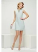Rochie eleganta retro din tweed bleu premium cu contururi din perle paiete si cristale argintii