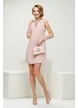 Rochie eleganta retro din tweed roz premium cu contururi din perle paiete si cristale argintii