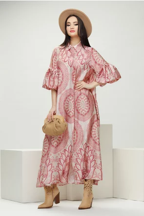 Rochie eleganta roz cu imprimeu floral si maneci bufante