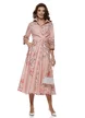 Rochie eleganta roz din bumbac cu imprimeu flori de cires cambrare petrecuta si buzunare