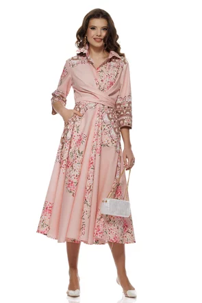 Rochie eleganta roz din bumbac cu imprimeu flori de cires cambrare petrecuta si buzunare