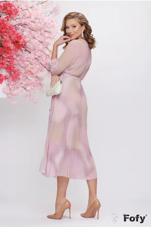 Rochie eleganta roz liliachiu cu fusta plisata si decolteu petrecut imprimeu roz degrade