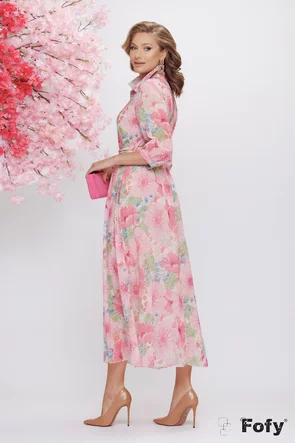 Rochie eleganta stil camasa din voal cu imprimeu floral roz