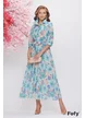 Rochie eleganta stil camasa din voal cu imprimeu floral turcoaz