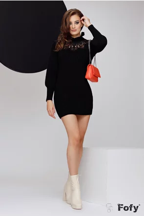 Rochie eleganta tricotata neagra cu aplicatie de broderie premium