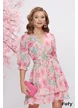 Rochie eleganta voal imprimeu floral roz cambrata cu decolteu in V