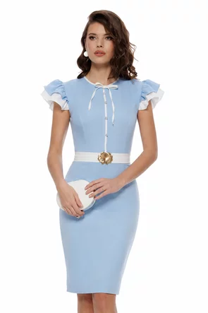 Rochie Fofy baby blue cu volane la mâneci, talie marcată și detalii elegante
