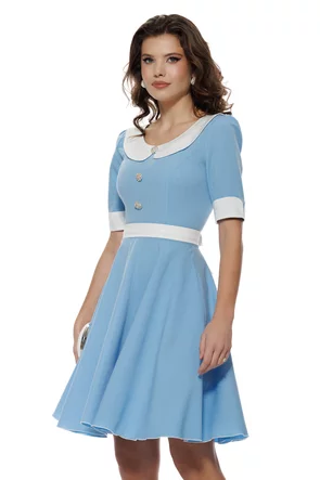 Rochie Fofy baby blue si dungulite fine cu guler retro la contrast si cordon