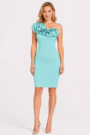 Rochie Fofy bleu de ocazie asimetrica cu volane maxi pe umar