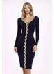 Rochie  Fofy bleumarin cu maneci lungi si aplicatie de broderie aurie