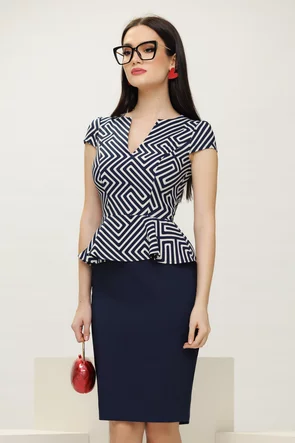  Rochie Fofy bleumarin imprimeu labirint conica cu peplum elegant