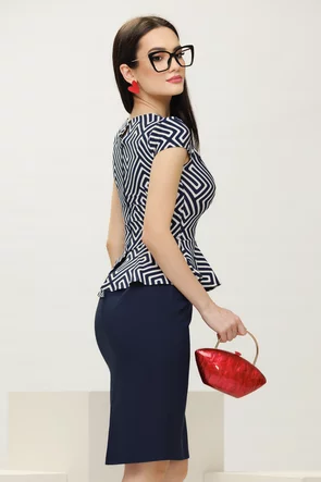  Rochie Fofy bleumarin imprimeu labirint conica cu peplum elegant