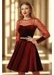 Rochie Fofy clos din catifea bordo cu maneci bufante din tull cu buline