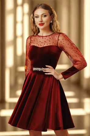 Rochie Fofy clos din catifea bordo cu maneci bufante din tull cu buline