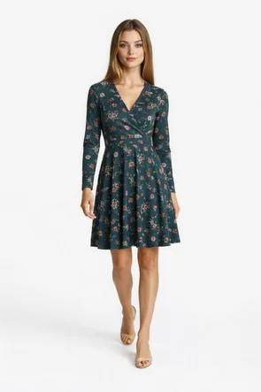 Rochie Fofy clos verde cu elemente florale și mânecă lungă