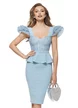 Rochie Fofy de ocazie bleu cu bust si peplum din tul brodat si manecuta din tip volan