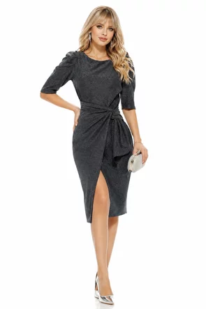 Rochie Fofy de ocazie bleumarin inchis  cu fir lurex argintiu si nod stilizat in talie