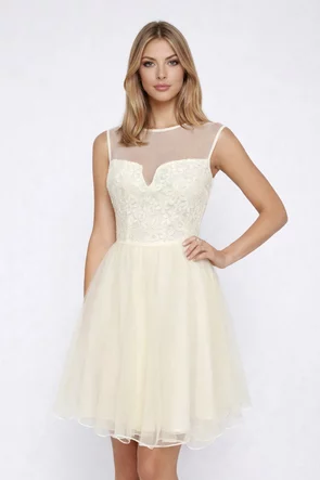 Rochie Fofy de ocazie din tulle fin ecru și dantelă delicată, în nuanță ecru, cu bust floral elegant