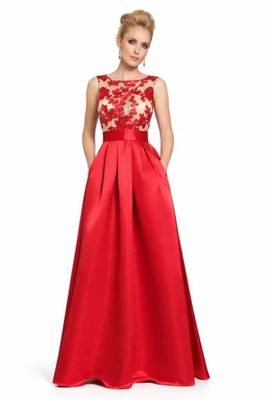 Rochie Fofy de ocazie lunga rosie cu spate gol si bust din tull cu paiete