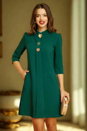 Rochie Fofy eleganta din stofa premium verde cu accesorii sofisticate si guler elaborat