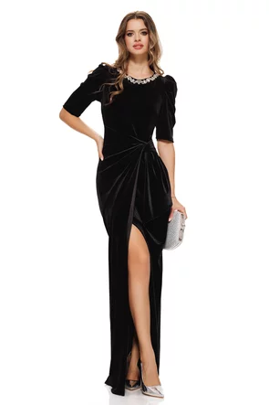 Rochie Fofy elegantă lunga din catifea neagra cu nod stilizat